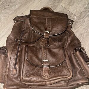Vtg Brown Distressed Leather Backpack Carryall Bag